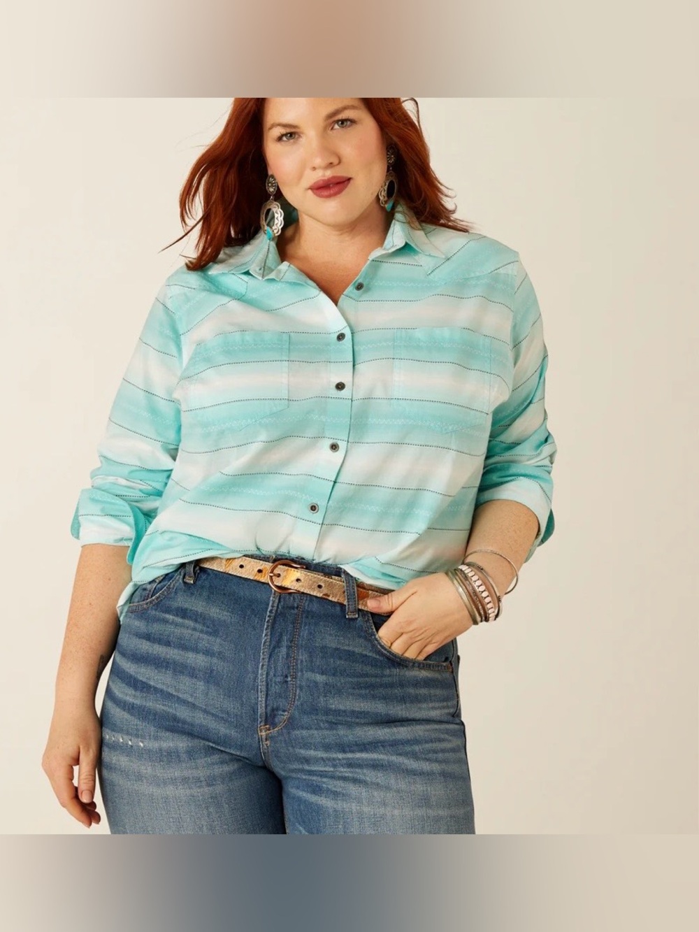 Ariat REAL Billie Jean Button Down Shirt Turquoise Blue Plaid Relaxed Cotton XL